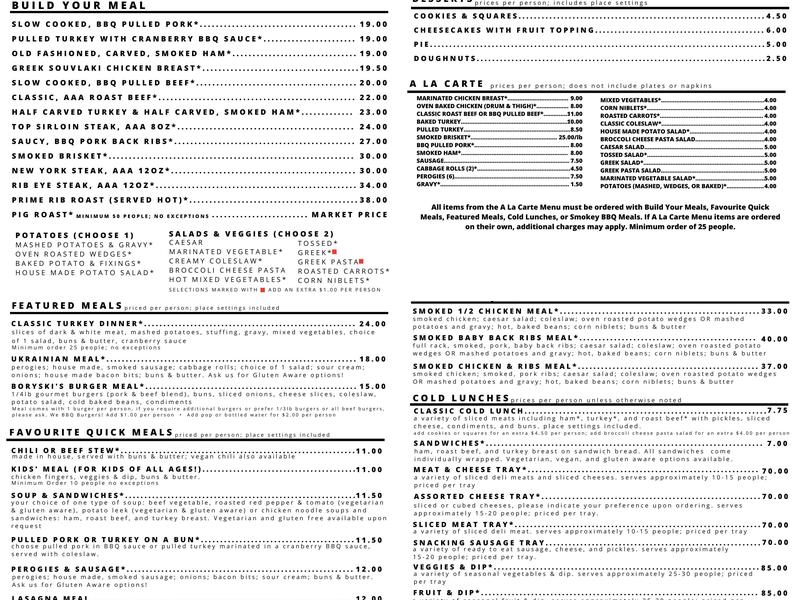 Boryski's Butcher Block Ltd Menu