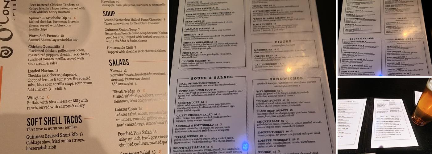 M.J. O'Connor's Menu