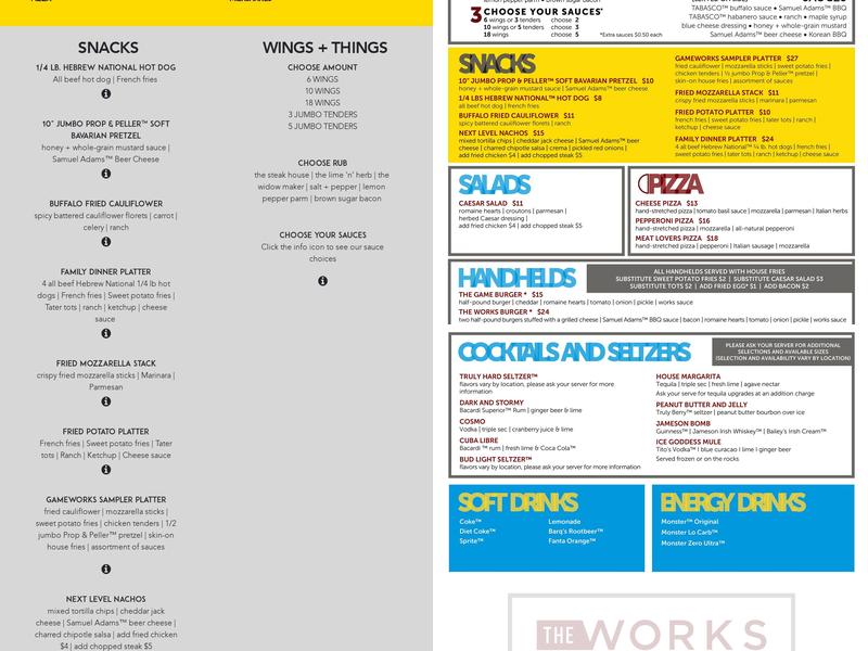 GameWorks Seattle Menu