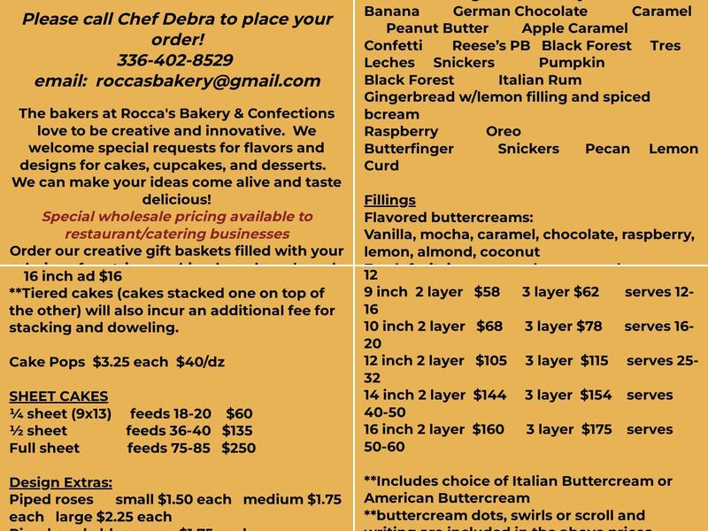 Rocca's Bakery & Confections, LLC Menu