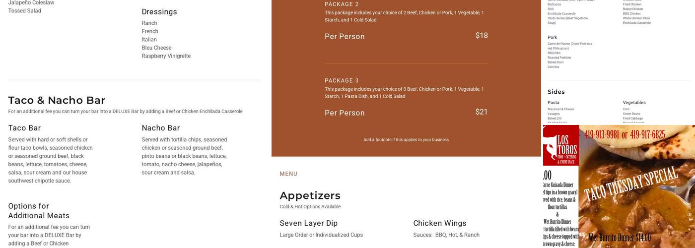 Los Toros Catering Menu