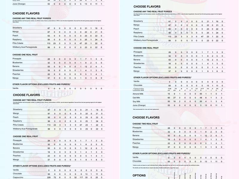 One Stop Nutrition Menu