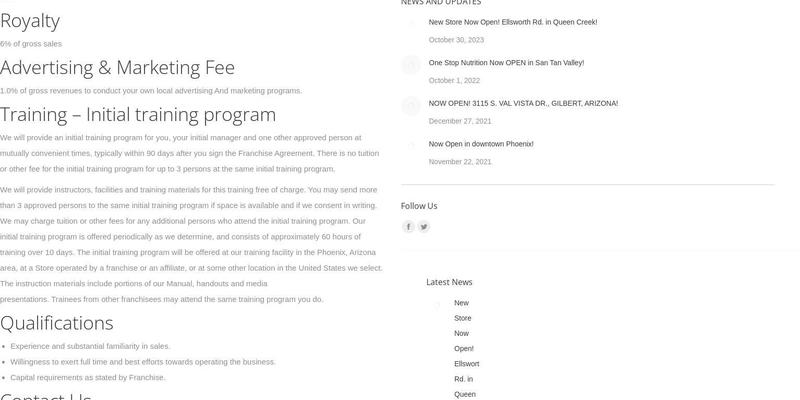 One Stop Nutrition Menu