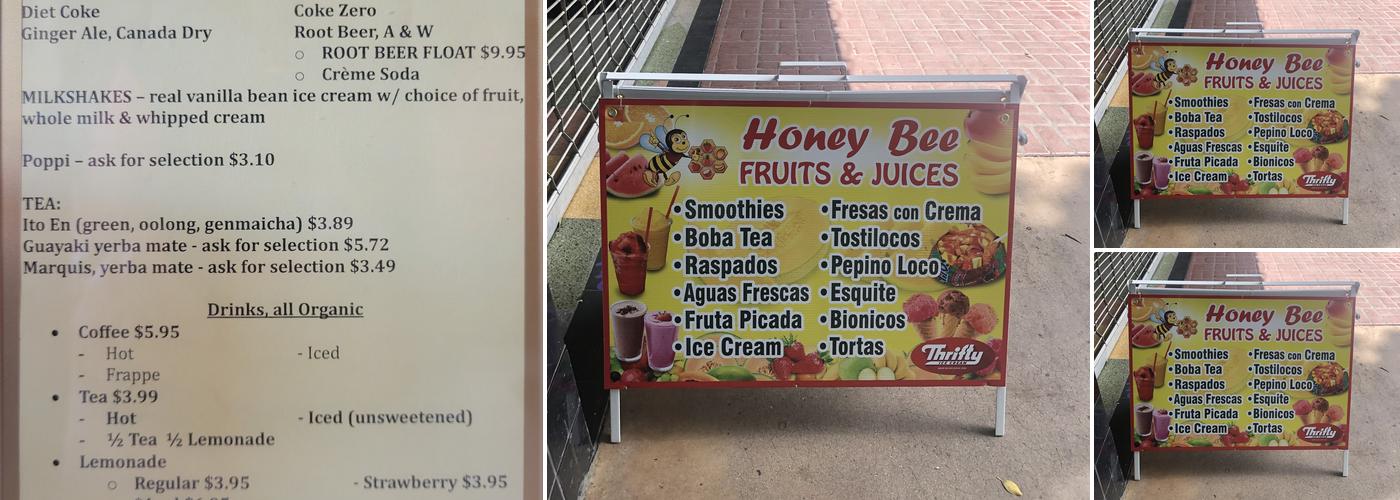 Honey Bee Fruits & Juices Menu