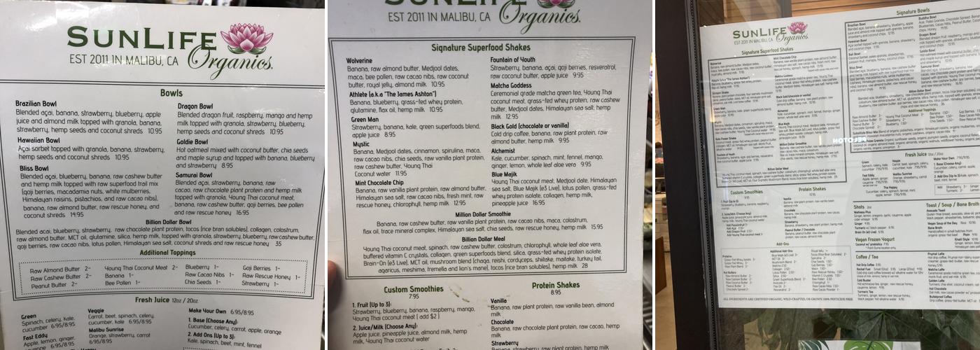 Sunlife Organics Menu