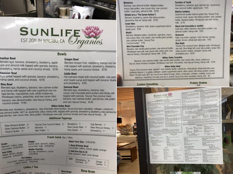 Sunlife Organics Menu