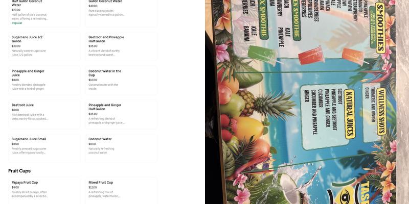 Tase: Smoothie, Sugar Cane & Coconut Menu