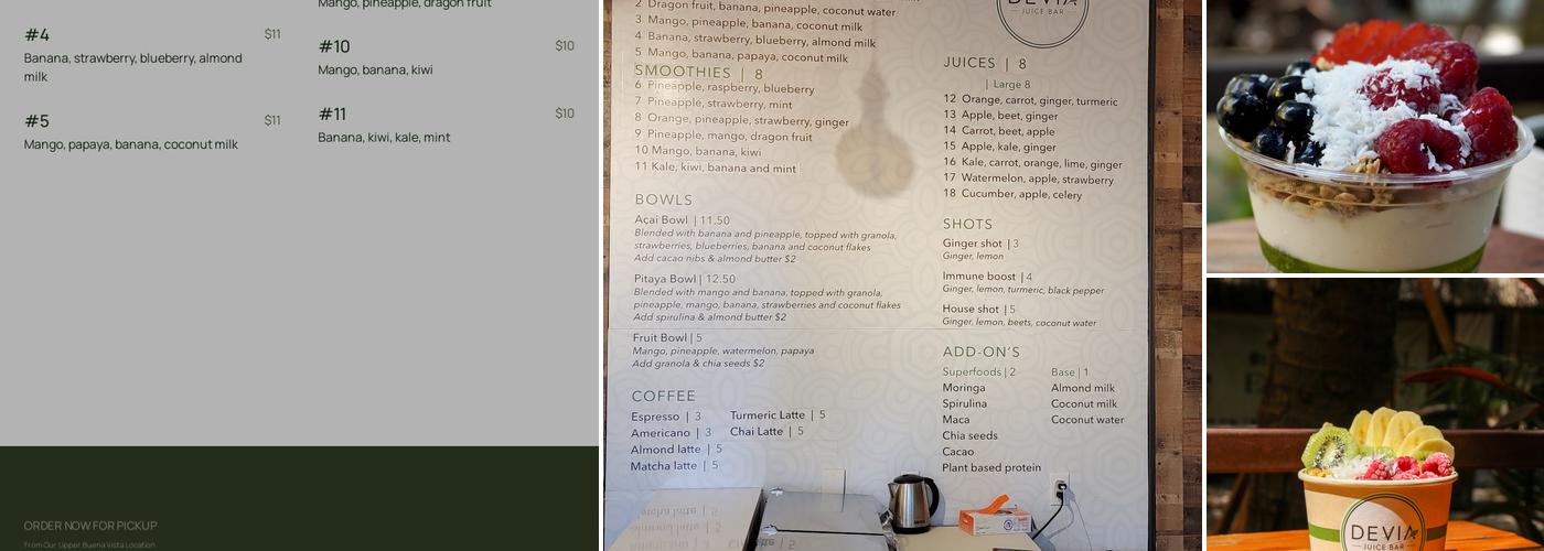 Devia Juice Bar at Upper Buena Vista Menu