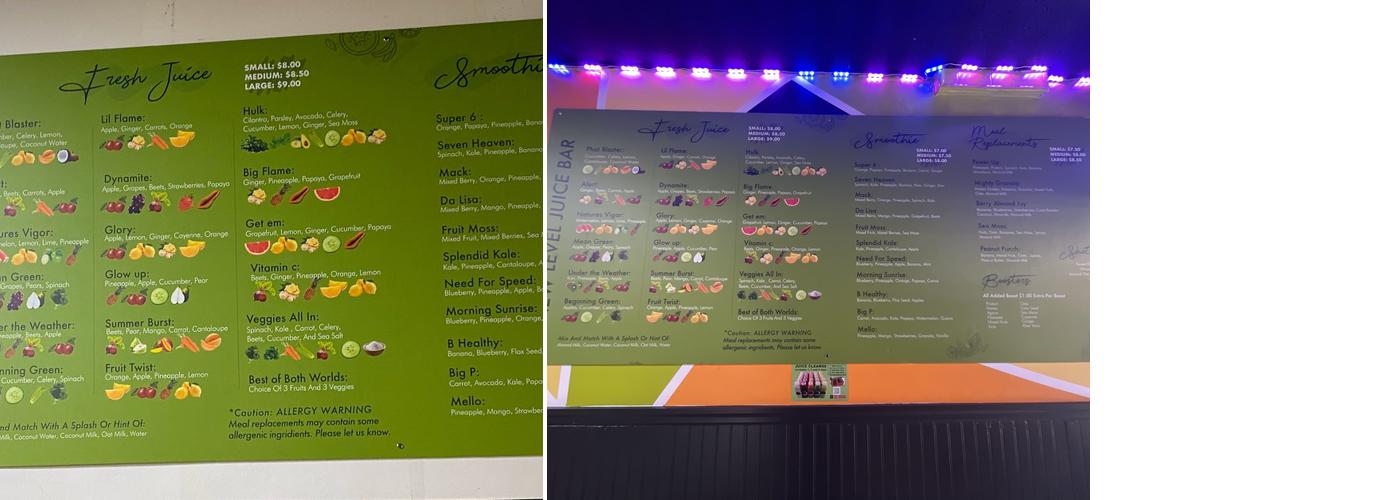 New Level Juice Menu