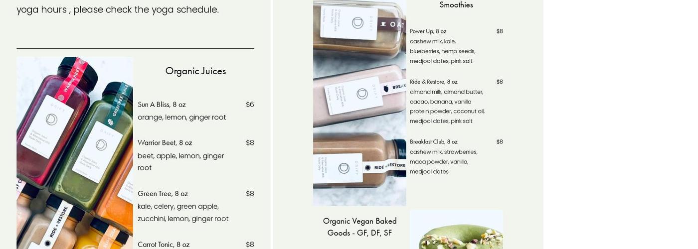 DRIFT Yoga + Juice Bar Menu