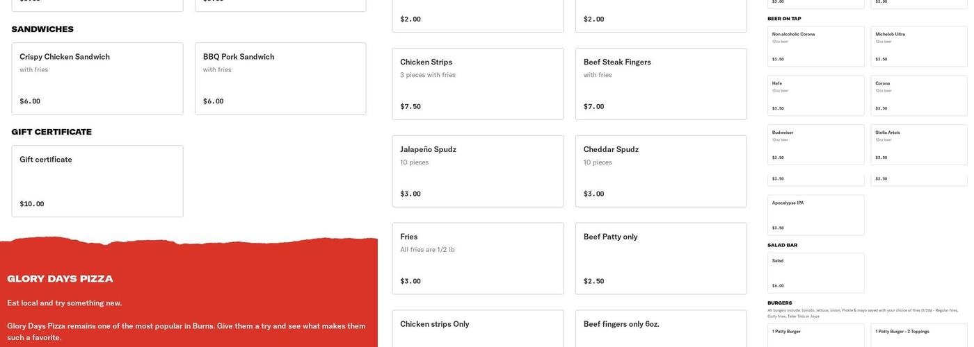 Glory Days Pizza Menu