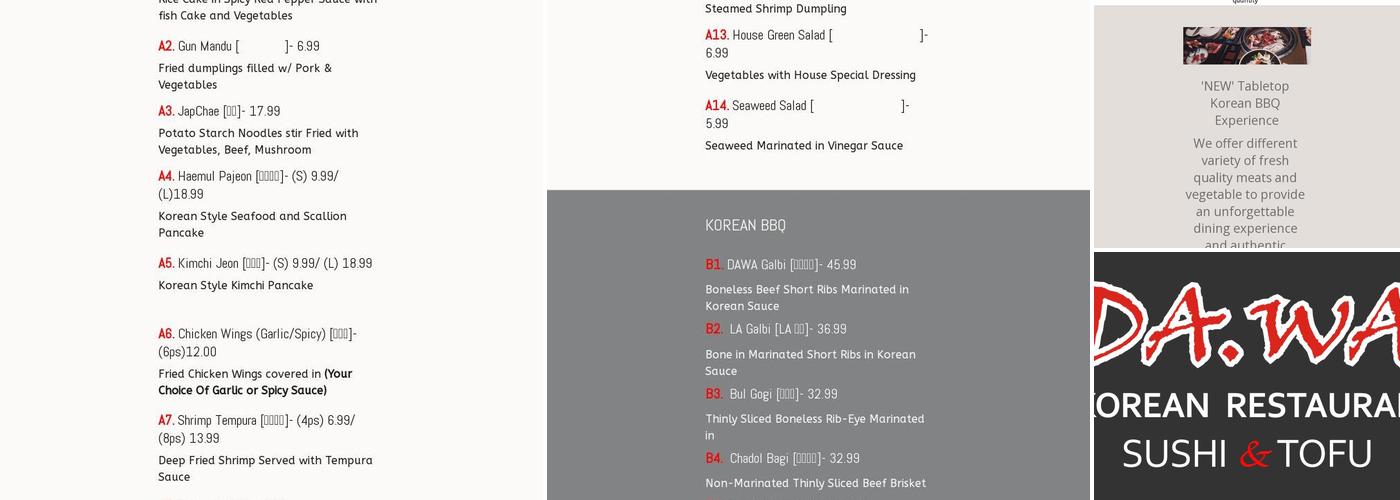 DAWA Korean Restaurant Menu