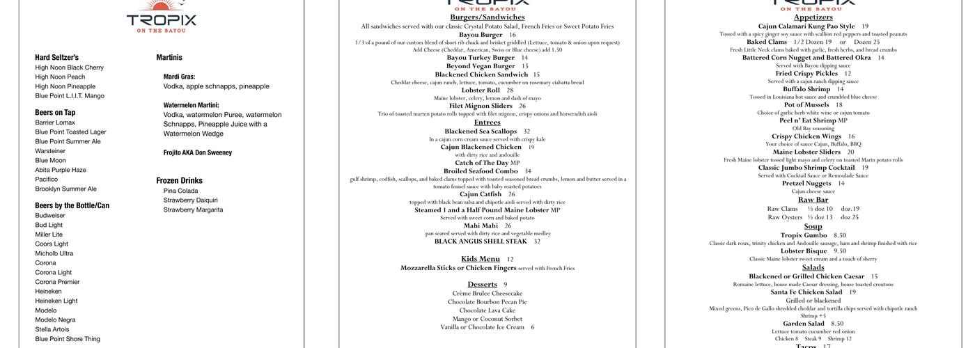 Tropix on the Bayou Menu