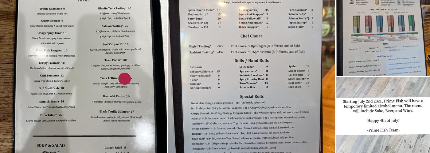 Prime Fish Sushi Charlotte Menu