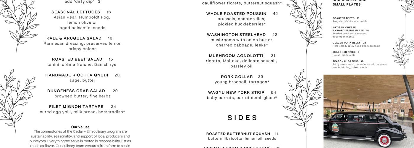 Cedar + Elm Menu
