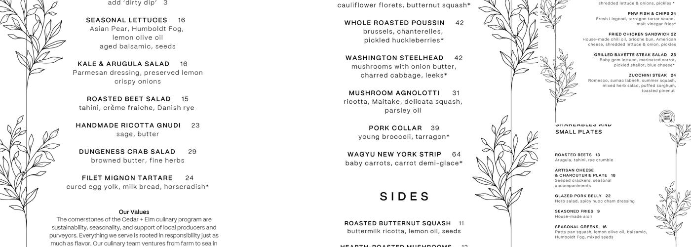 Cedar + Elm Menu