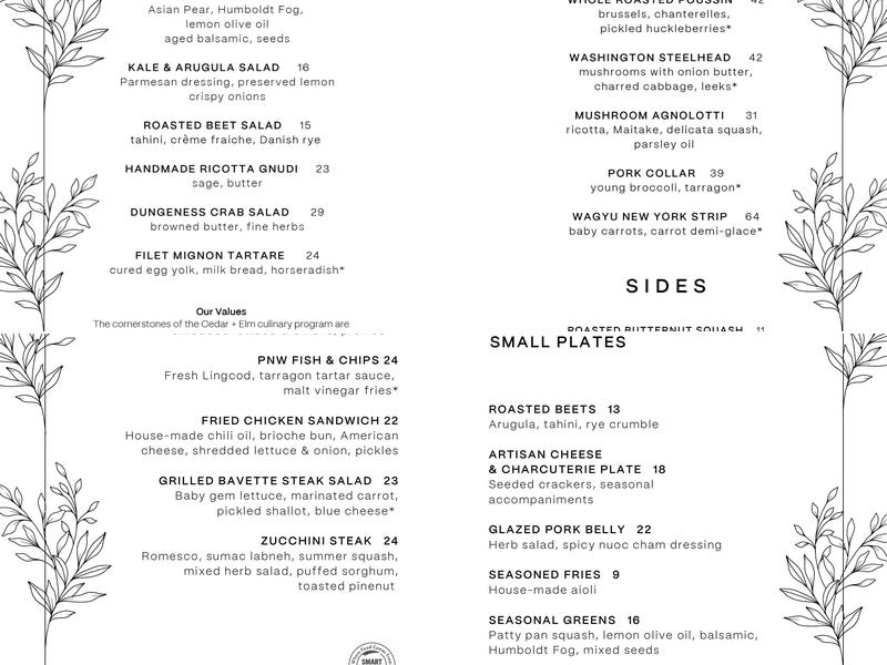 Cedar + Elm Menu