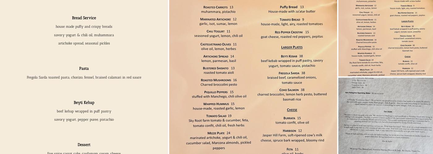 Savory, a restaurant Menu