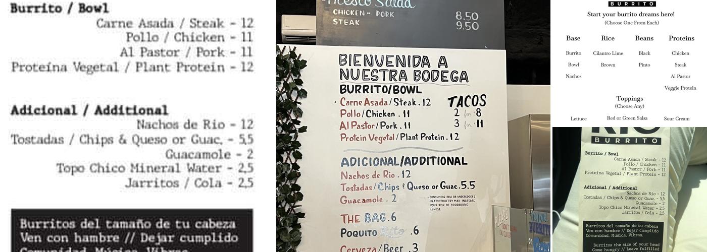 Rio Burrito Menu