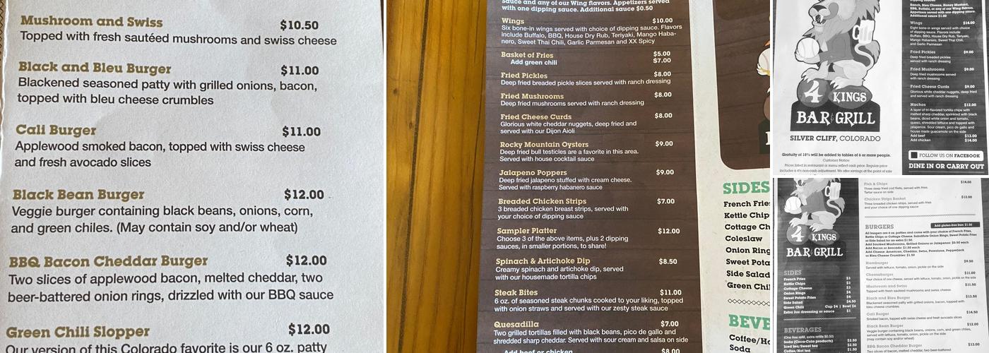 4Kings Bar & Grill Menu