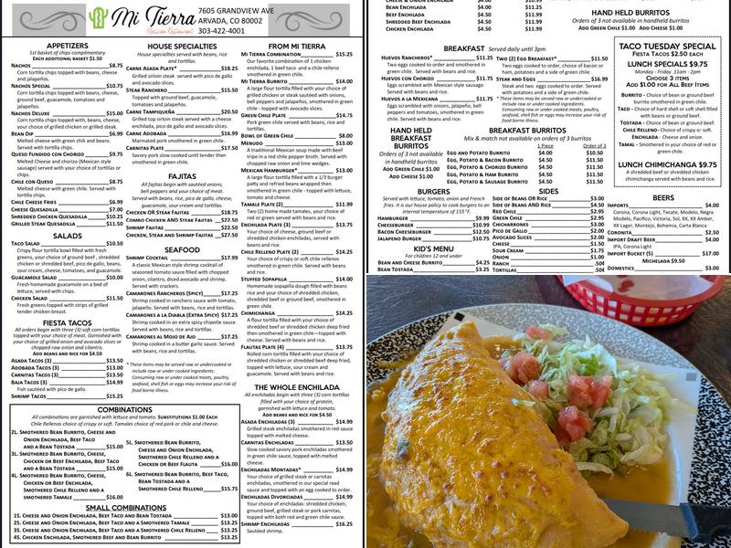 Mi Tierra Menu
