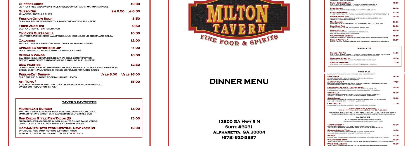 Milton Tavern Menu