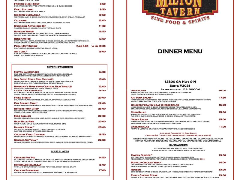 Milton Tavern Menu