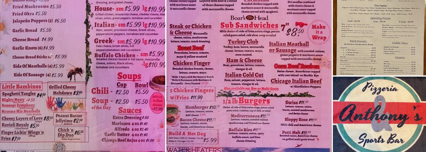 Anthony's Pizzeria Menu