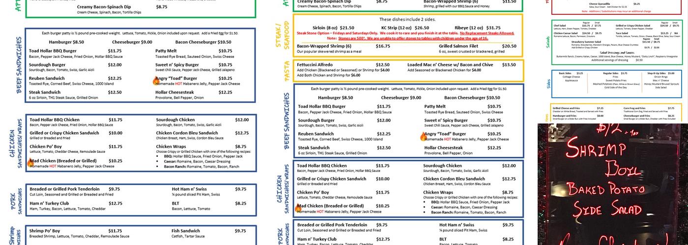 Toad Hollar Bar & Grill Menu