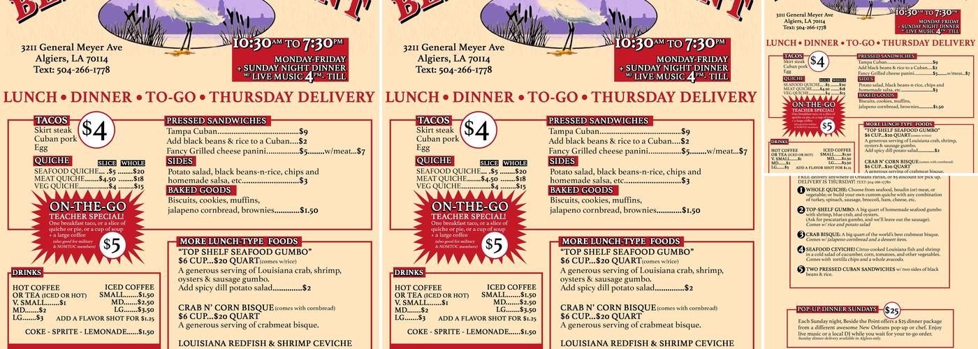 Beside the Point Coffee and Food Menu