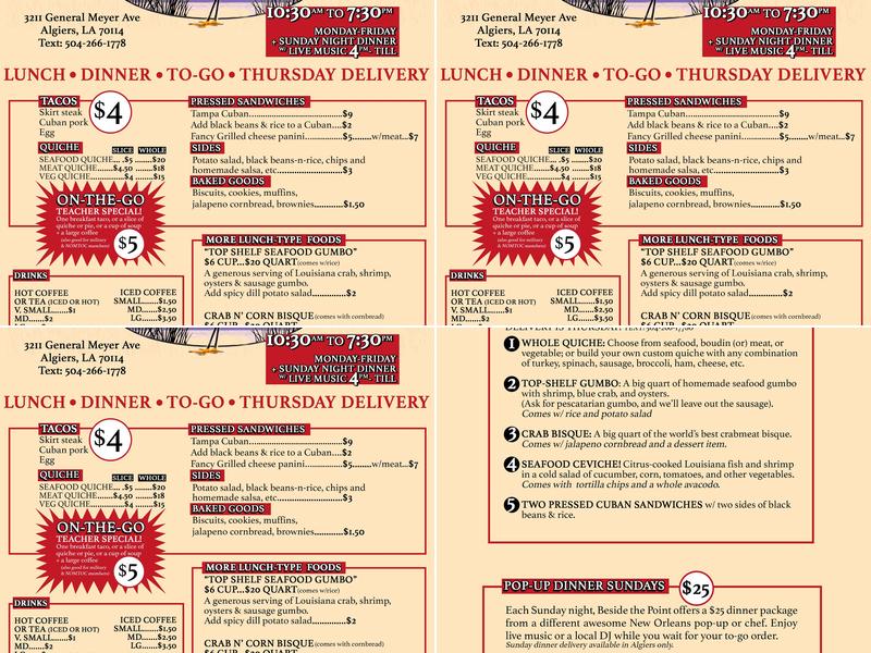 Beside the Point Coffee and Food Menu