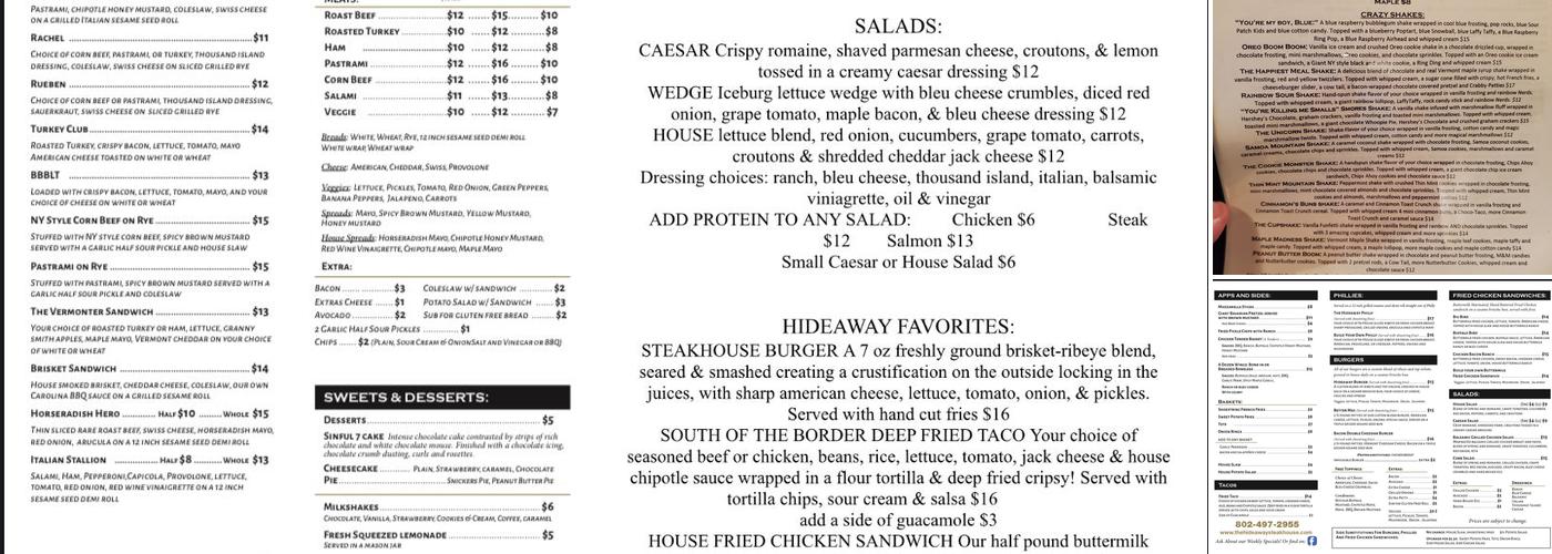 The Hideaway Steakhouse & Grill Menu