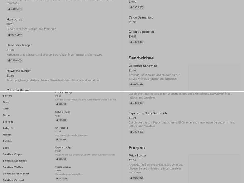 Taqueria Mexicana: La Esperanza Menu