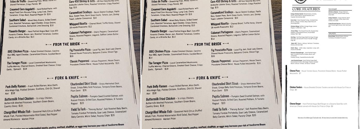 Core 450 Menu