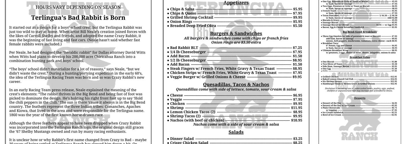 Bad Rabbit Cafe @ Terlingua Ranch Lodge Menu