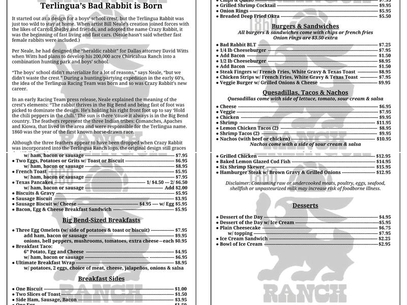 Bad Rabbit Cafe @ Terlingua Ranch Lodge Menu