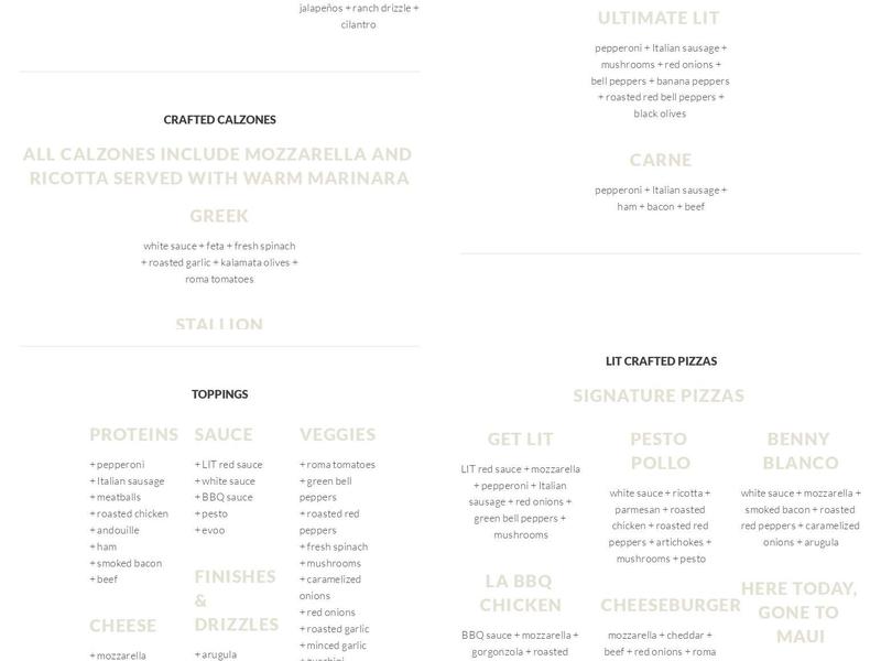 Lit Pizza Menu