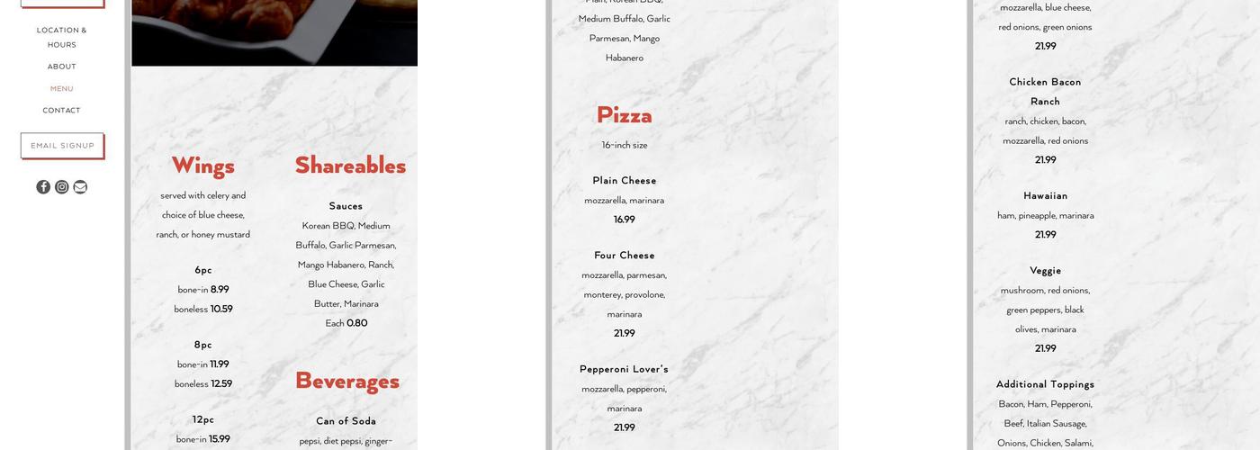 DaVinci Wings & Pizza Menu