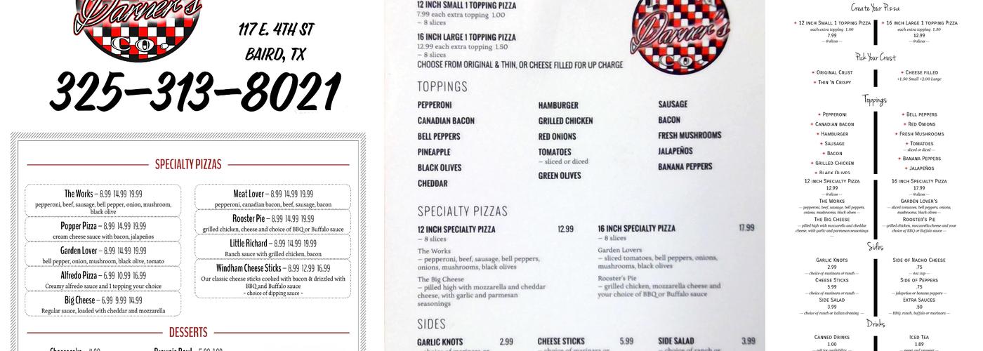 Darner Pizza Co. Menu