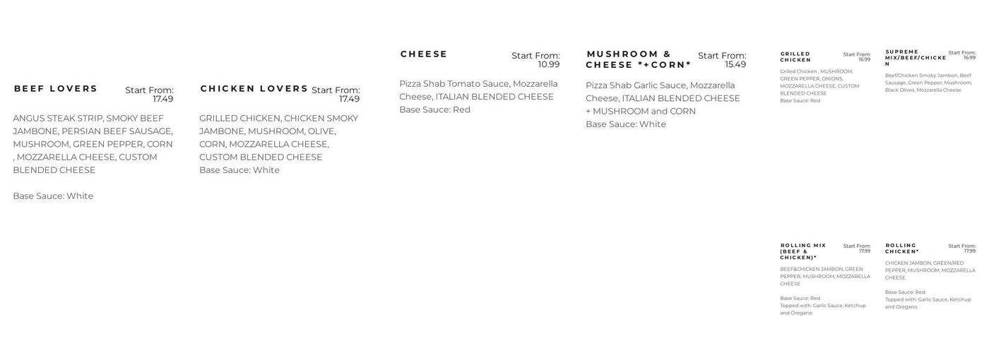 Pizza Shab Menu