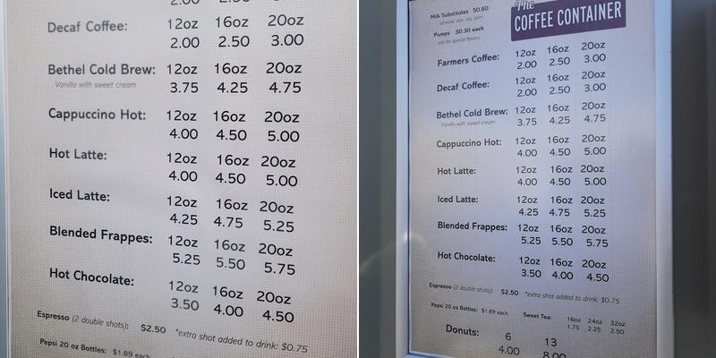 Coffee Container Menu
