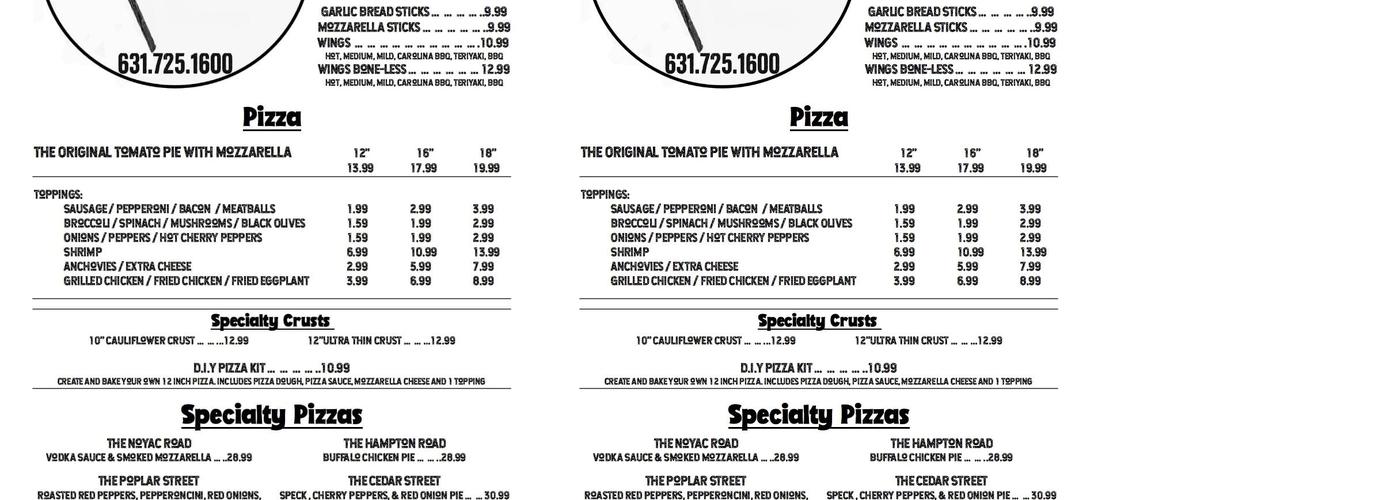 Pineneck Pizza Menu