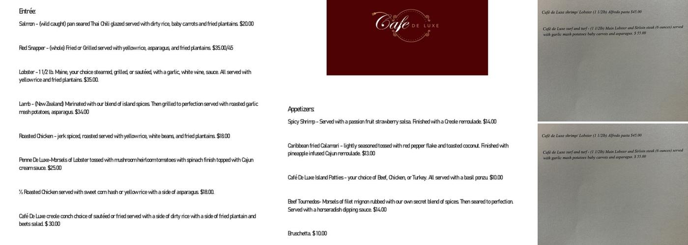 Cafe de luxe Menu