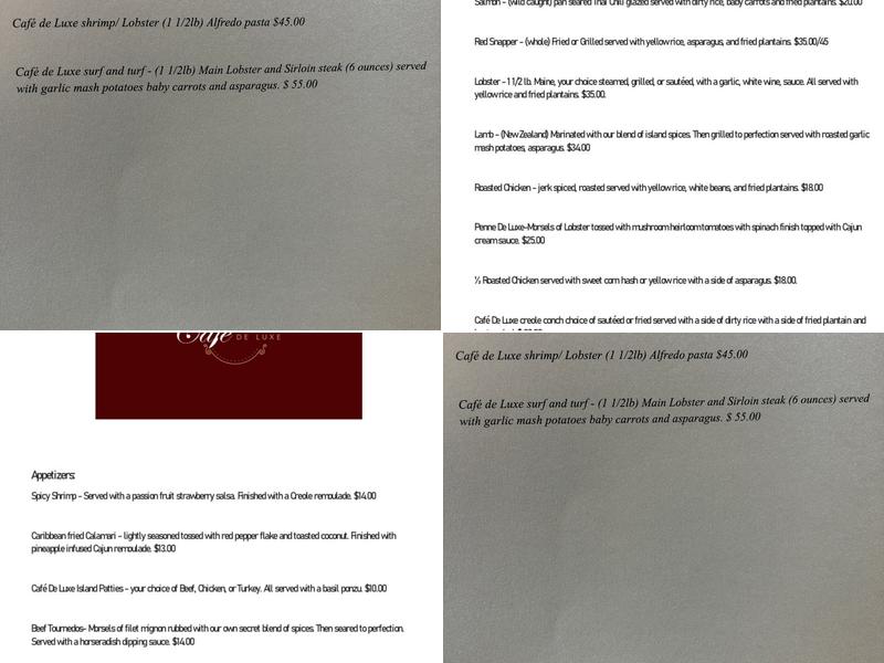 Cafe de luxe Menu