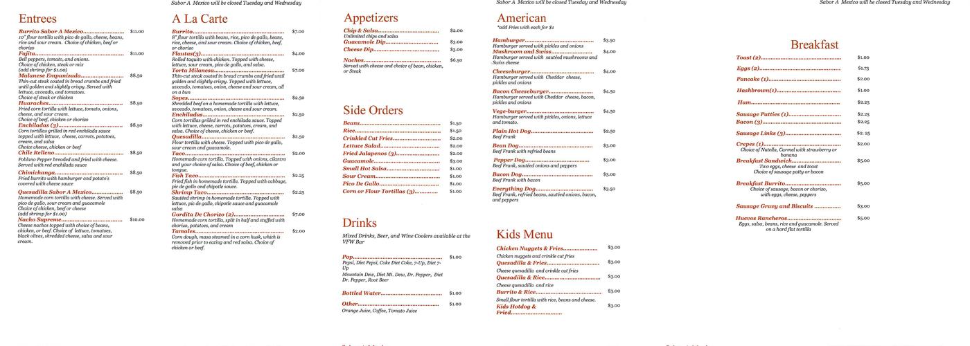 Sabor a Mexico Menu