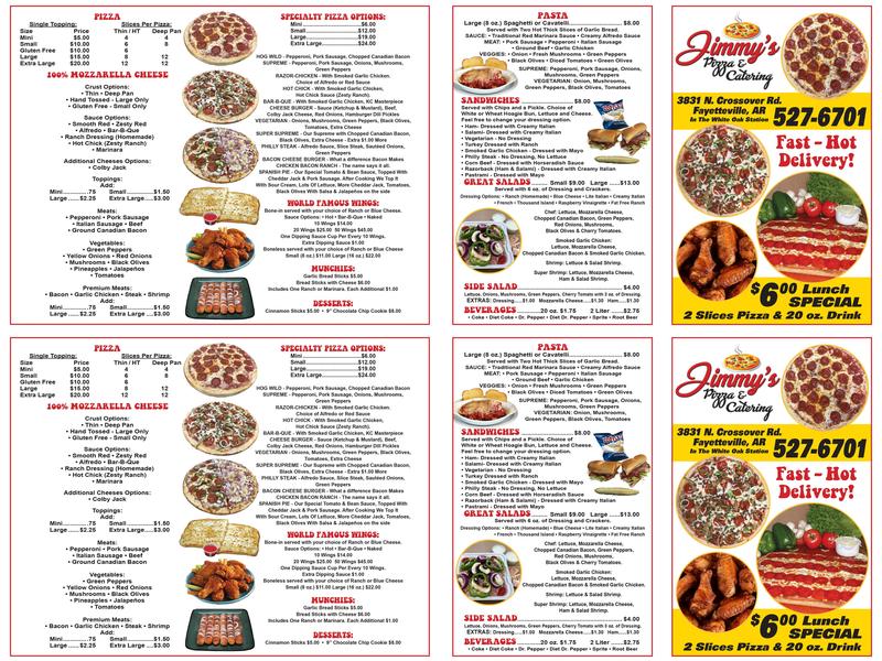 Jimmy's Pizza Menu