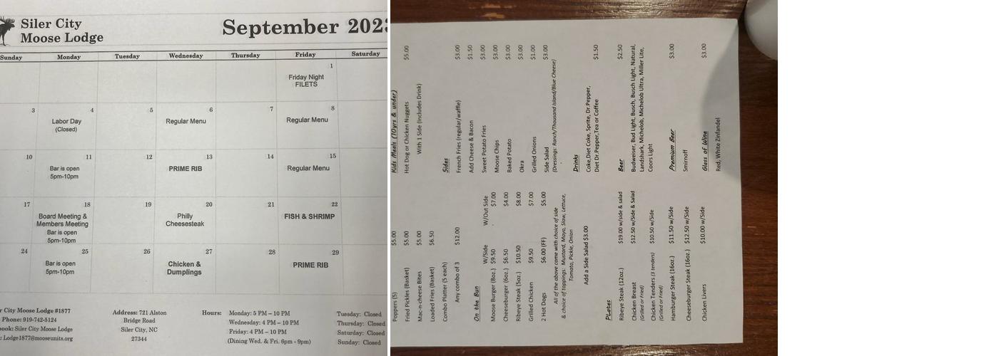 Siler City Moose Lodge 1877 Menu