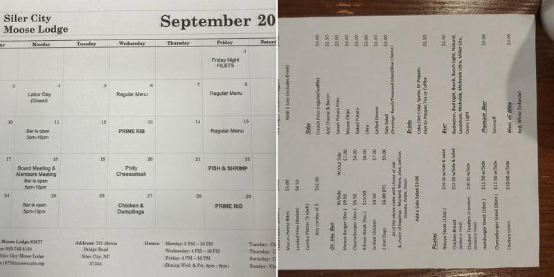 Siler City Moose Lodge 1877 Menu