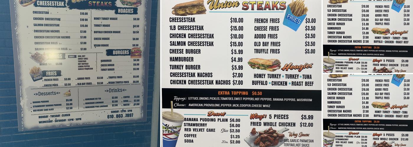 Union Steaks Menu