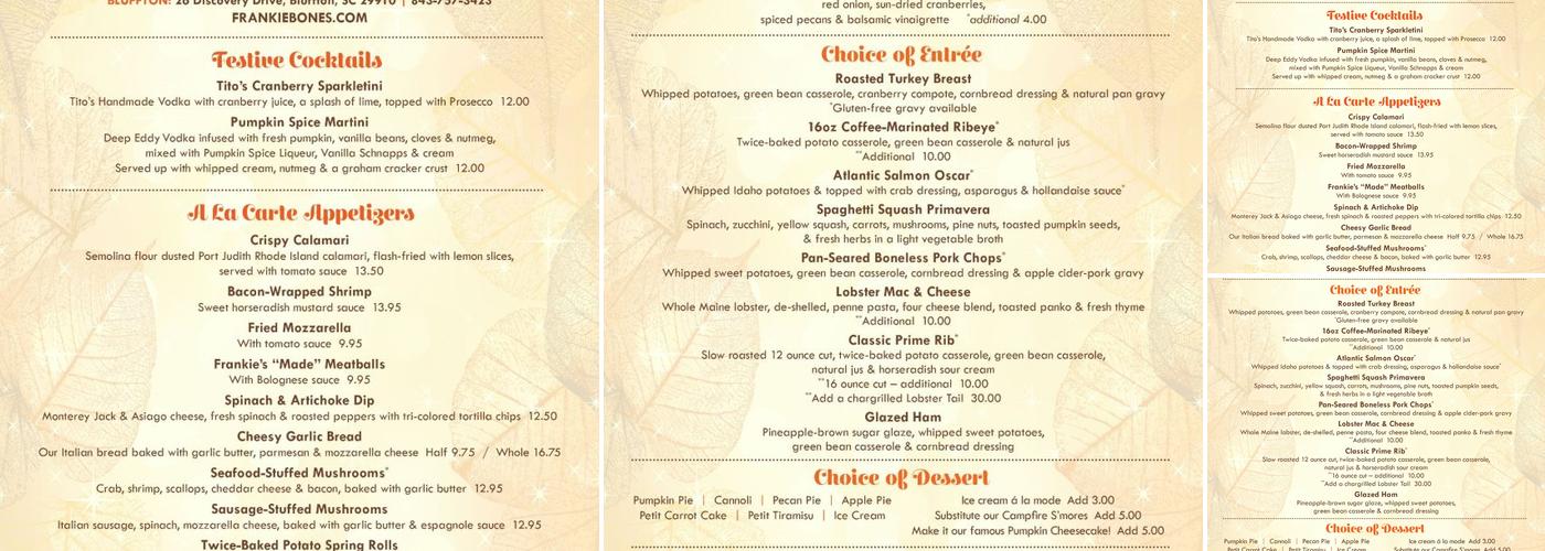 Frankie Bones Menu